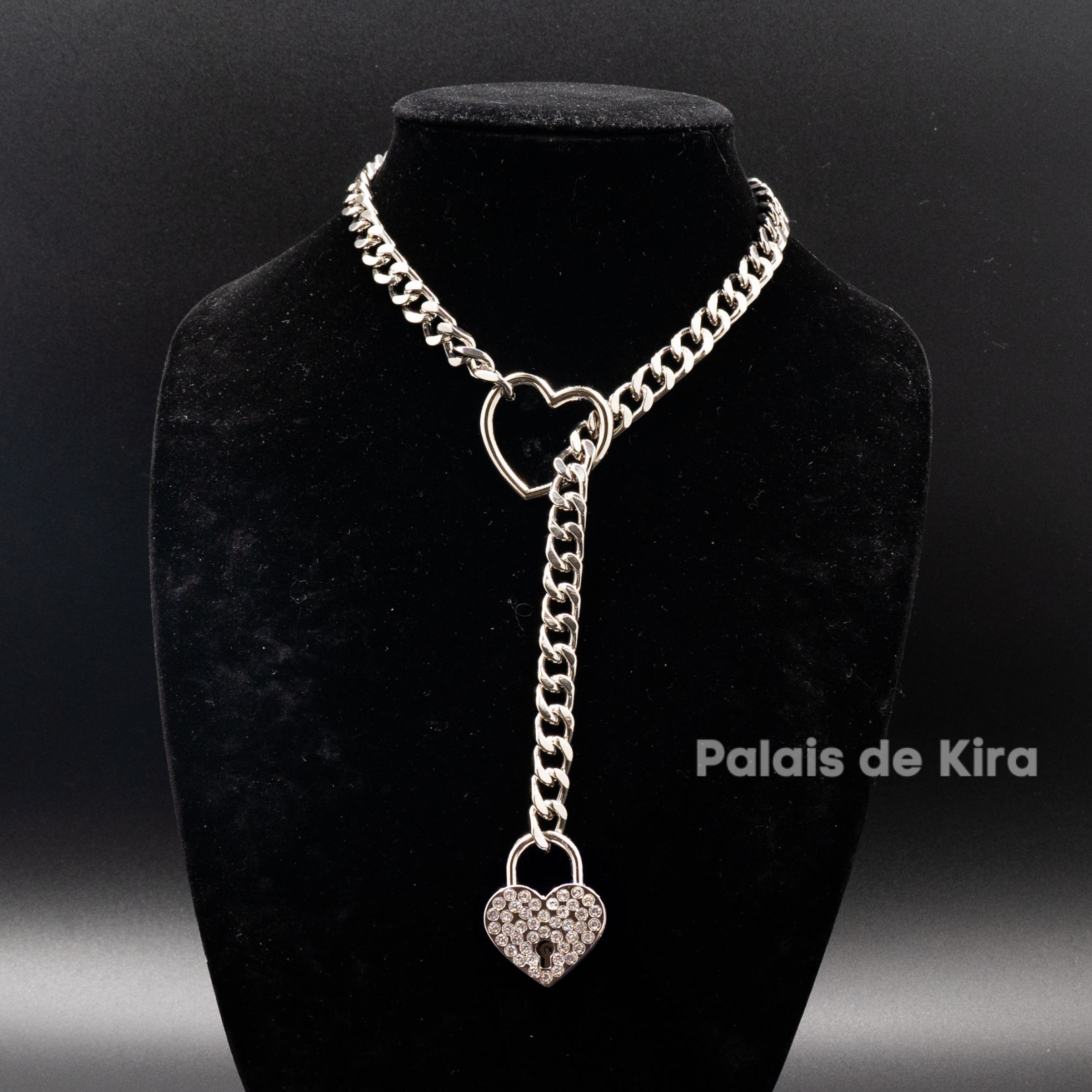 Silver Chain &  Heart Diamond-Padlock Slip Chain Collar