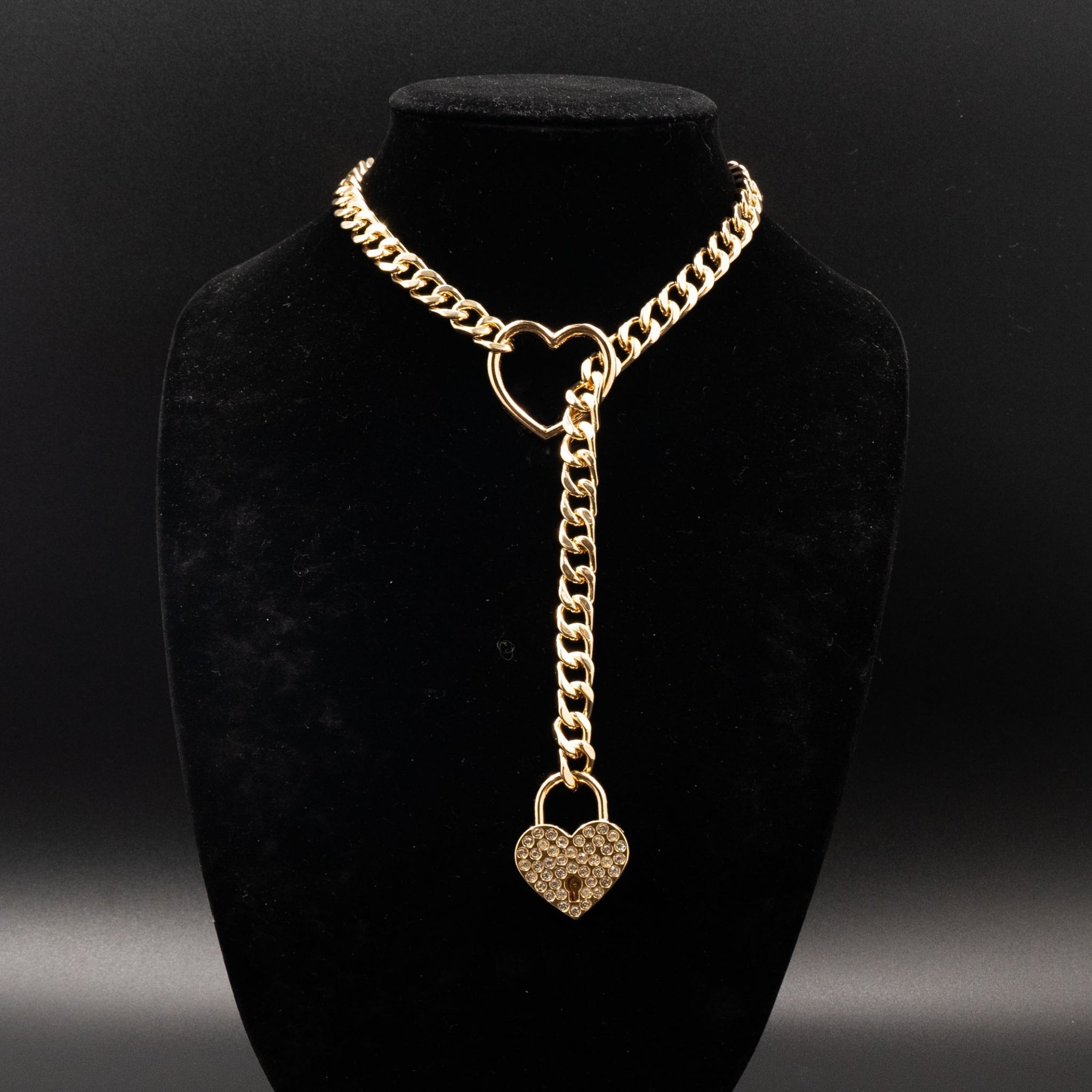 Gold Chain &  Heart Diamond-Padlock Slip Chain Collar