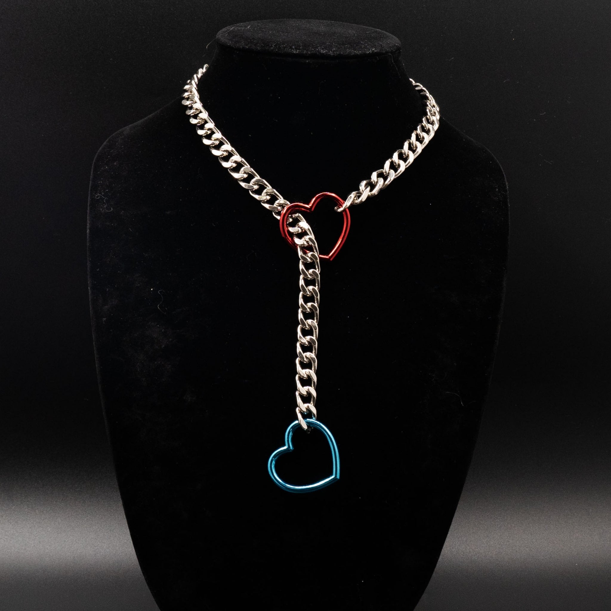 Silver Chain Red & Blue Heart Slip Chain Collar Necklace