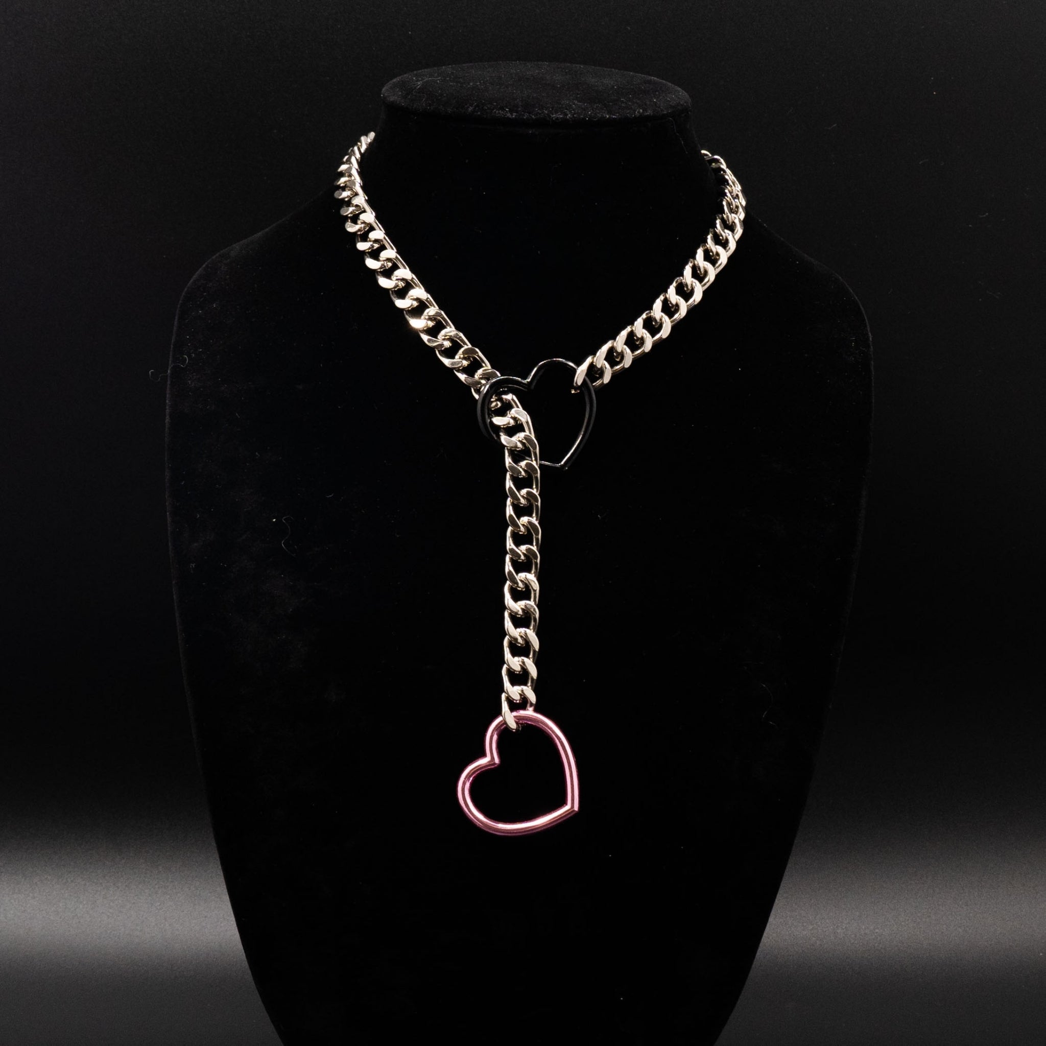 Silver Chain Black & Pink Heart Slip Chain Collar Necklace