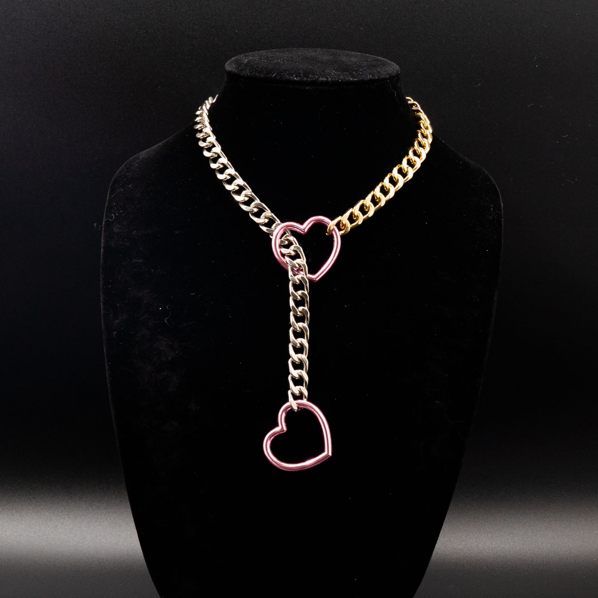 Silver Mixed Gold Chain Pink Heart Ring Slip Chain Collar Necklace