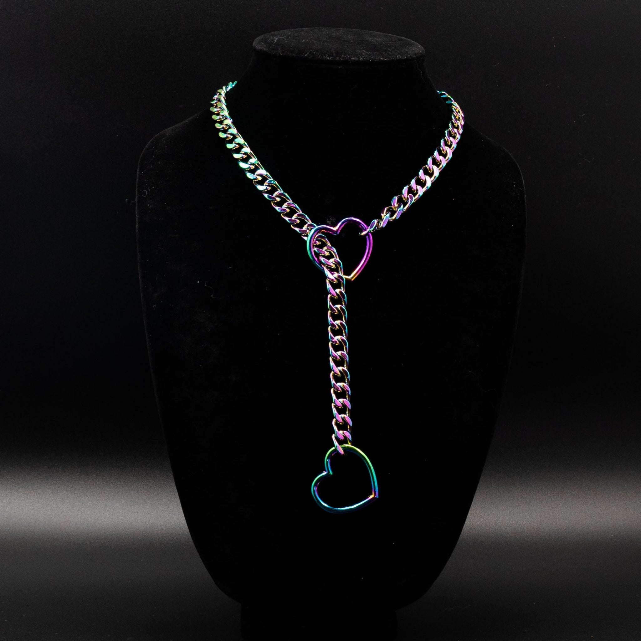 Rainbow Chain Blue & Purple Heart Ring Slip Chain Collar Necklace