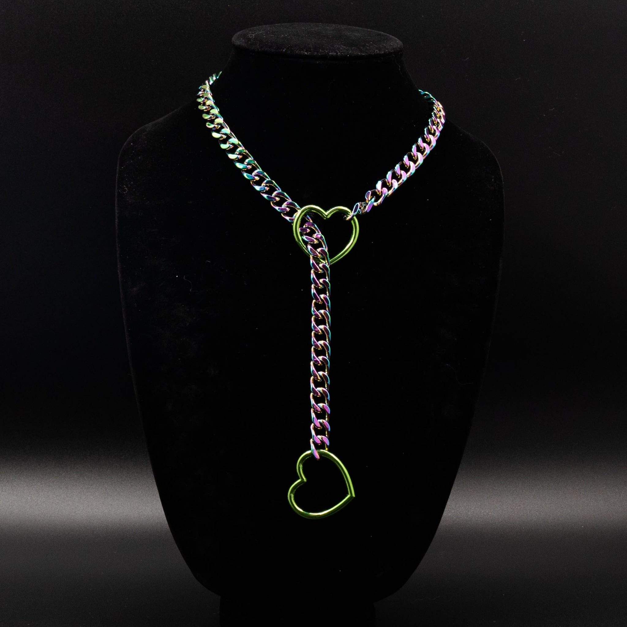 Rainbow Chain Green Heart Ring Slip Chain Collar Necklace