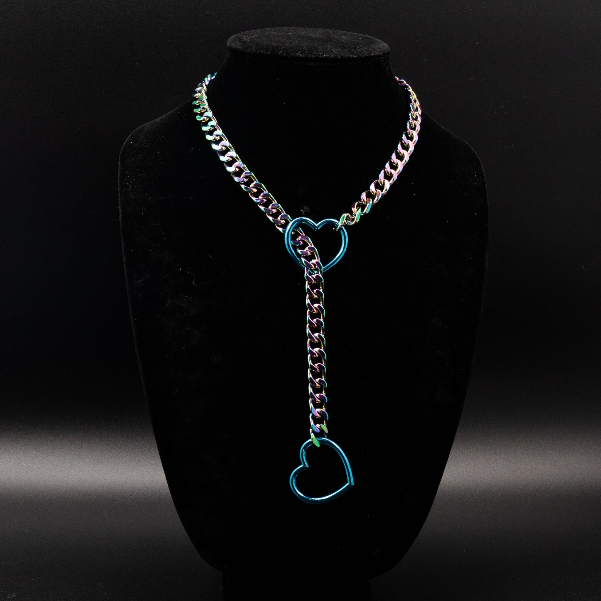 Rainbow Chain Blue Heart Ring Slip Chain Collar Necklace