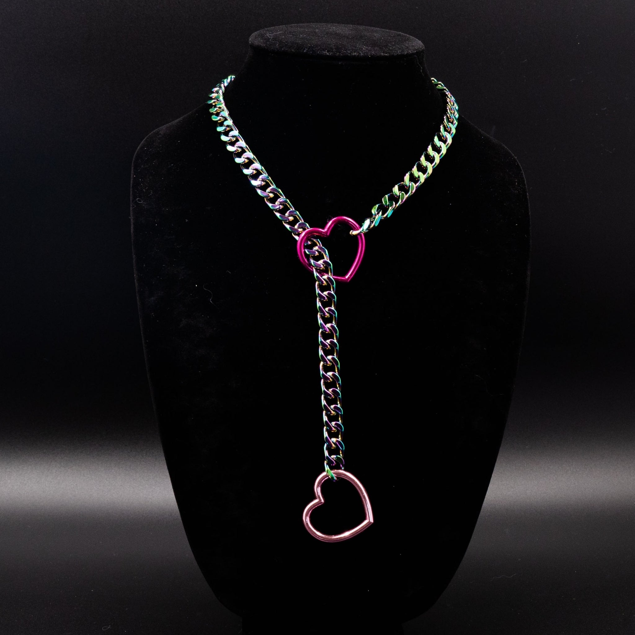 Rainbow Chain Rosepink & Pink Heart Ring Slip Chain Collar Necklace