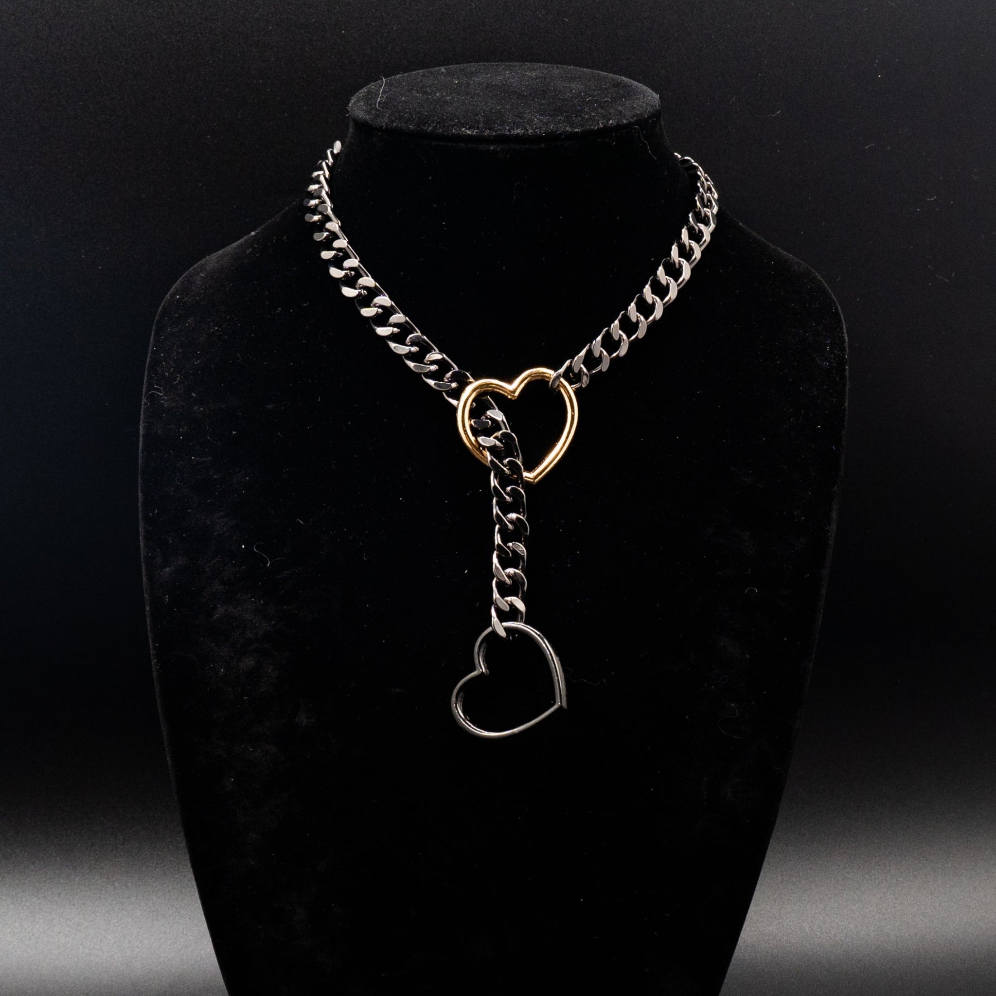 Black Chain Gold & Black Heart Ring Slip Chain Collar Necklace